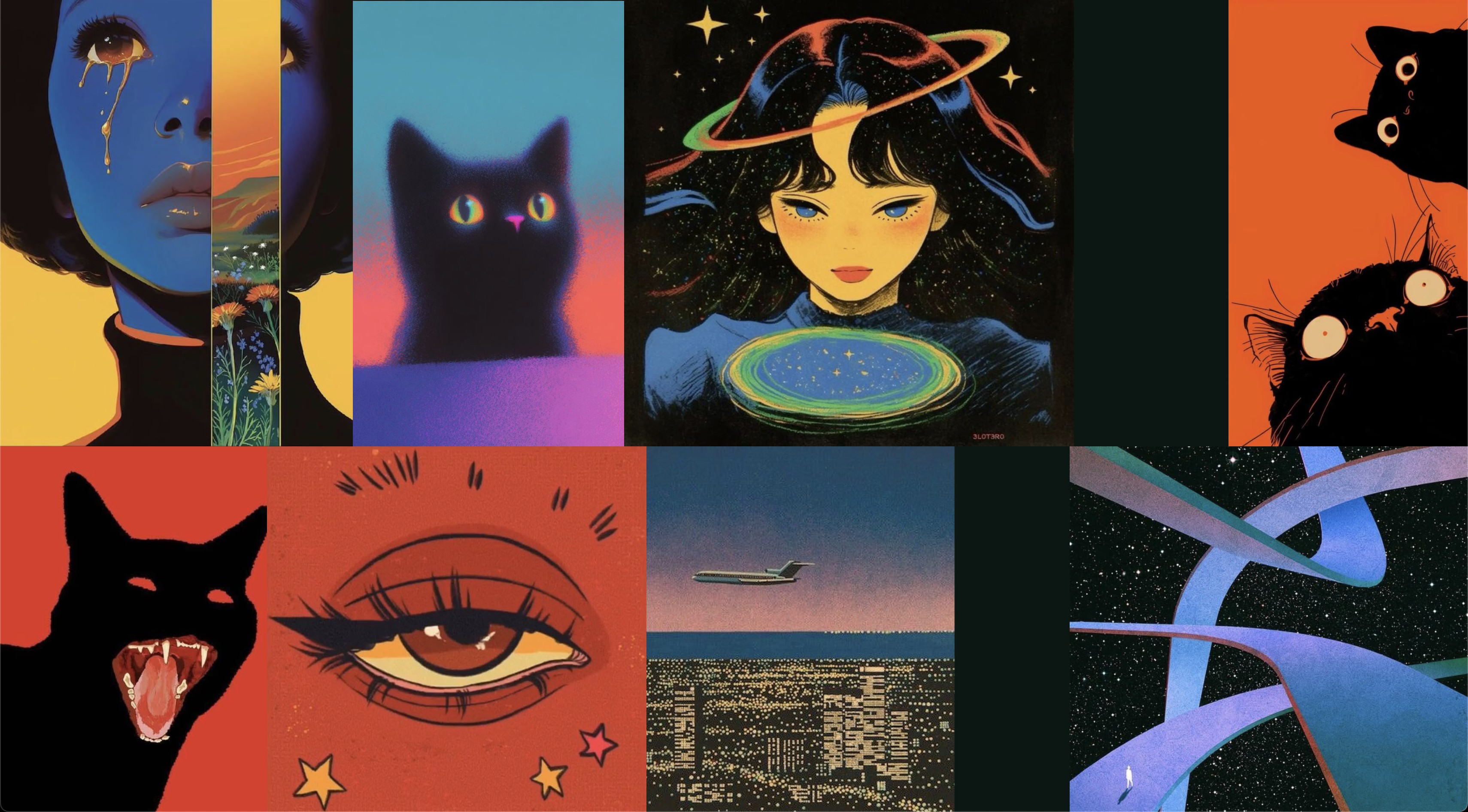 A grid of illustrations: black cats, a crying girl, a ringed planet, an eye, an airplane over a city at night, ribbons through starlight