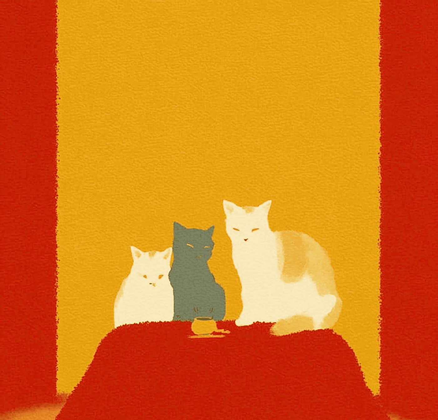 Three cats sitting on a red kotatsu blanket in a warm yellow room