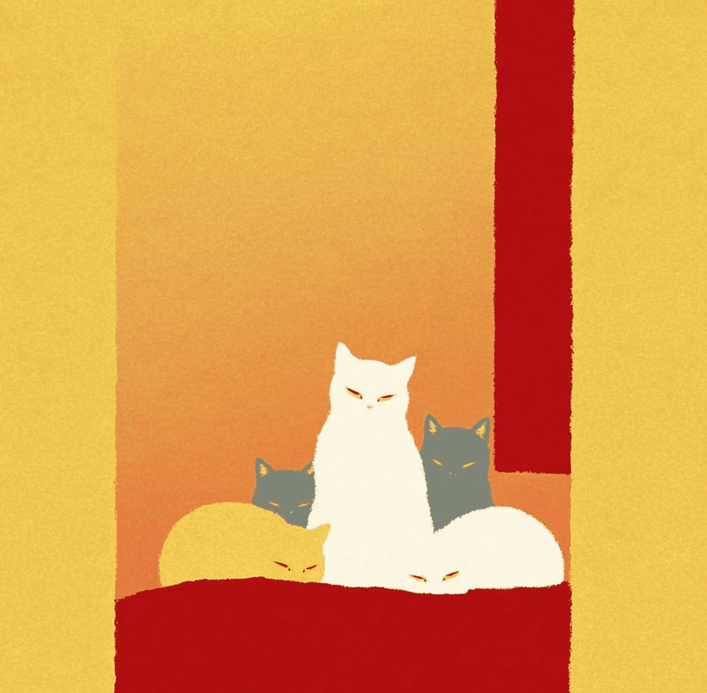Five cats piled together on a red blanket, a white one sitting upright in the middle